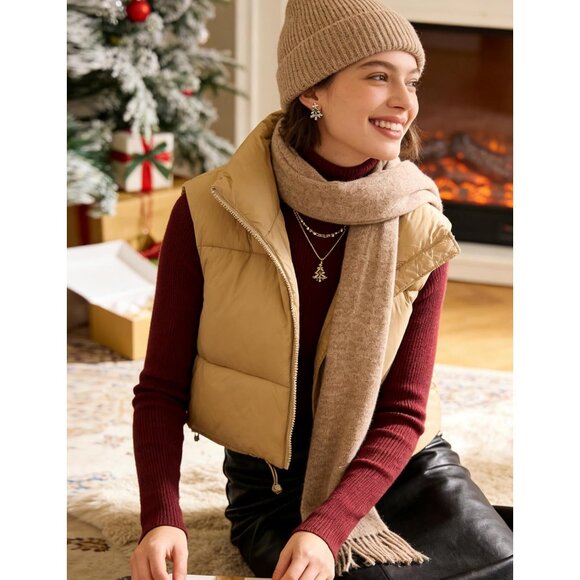 Women's Khaki Fashion High Neck Zipper Cropped Puffer Vest Jacket Coat Cardigan - Picture 5 of 6